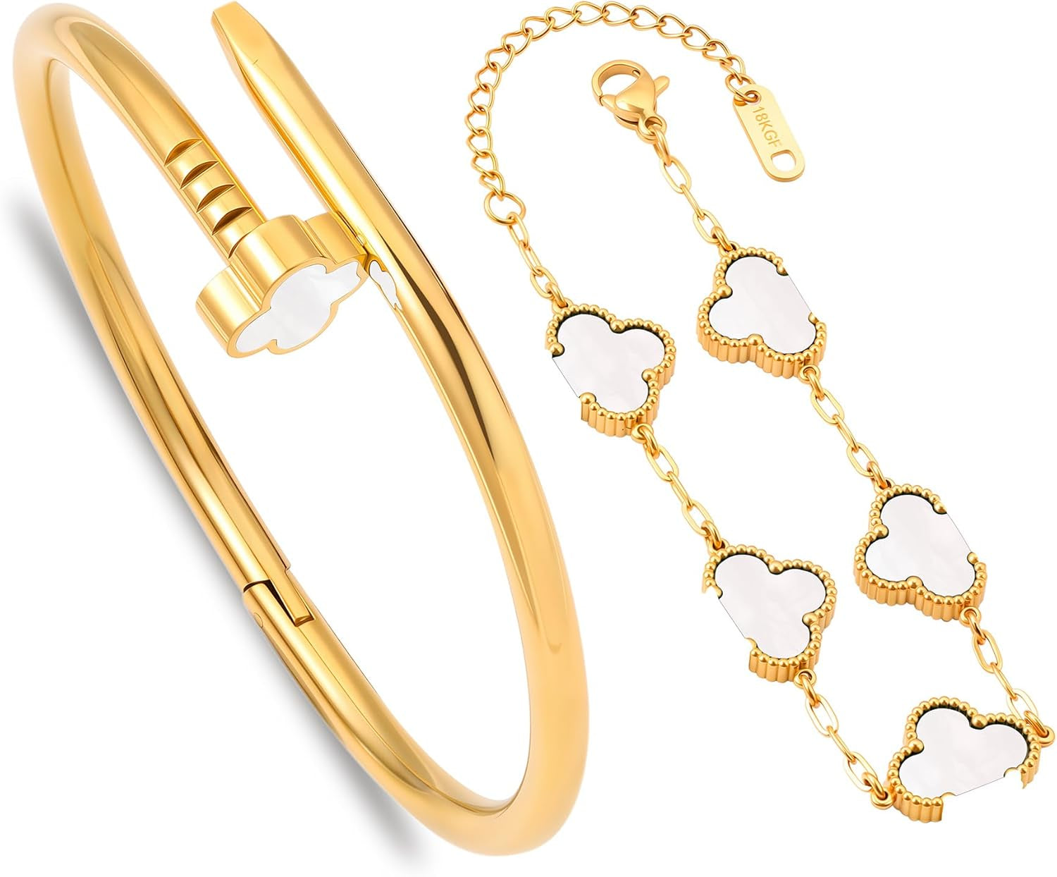 18K Gold Nail Bracelet for Women,Stackable Clover Bangle Bracelets -Stainless Steel Non-Tarnish Trendy Jewelry Christmas Valentines Birthday Gifts for Girlfriend Wife.