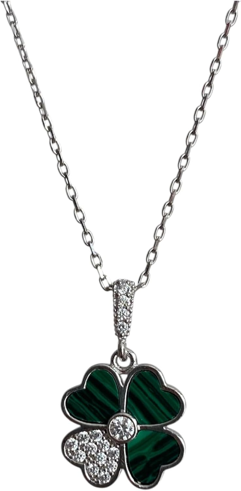Four Leaf Clover Necklace, Gold-Plated Chain, Malachite Green Hearts, Crystal Center