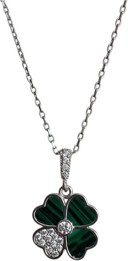 Four Leaf Clover Necklace, Gold-Plated Chain, Malachite Green Hearts, Crystal Center