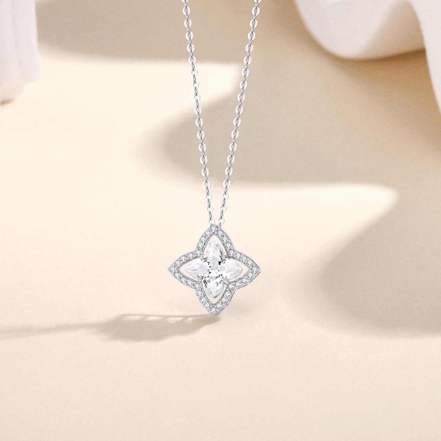 SUNFEEL Four Leaf Clover Necklace for Women, S925 Sterling Silver Cubic Zirconia Pendant Necklace Dainty Charm Adjustable Chain Lucky Necklaces for Women Jewelry Gift