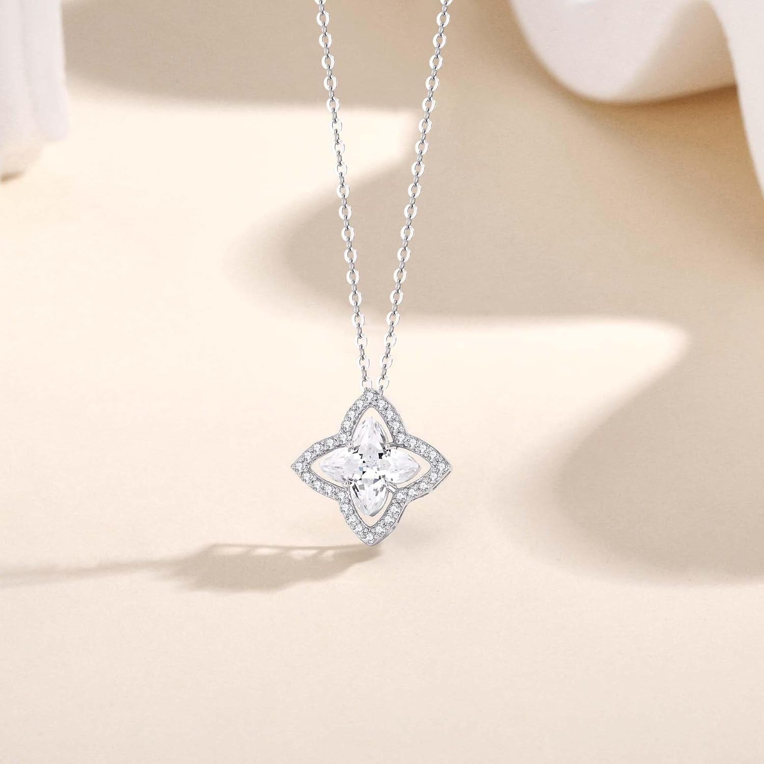 SUNFEEL Four Leaf Clover Necklace for Women, S925 Sterling Silver Cubic Zirconia Pendant Necklace Dainty Charm Adjustable Chain Lucky Necklaces for Women Jewelry Gift
