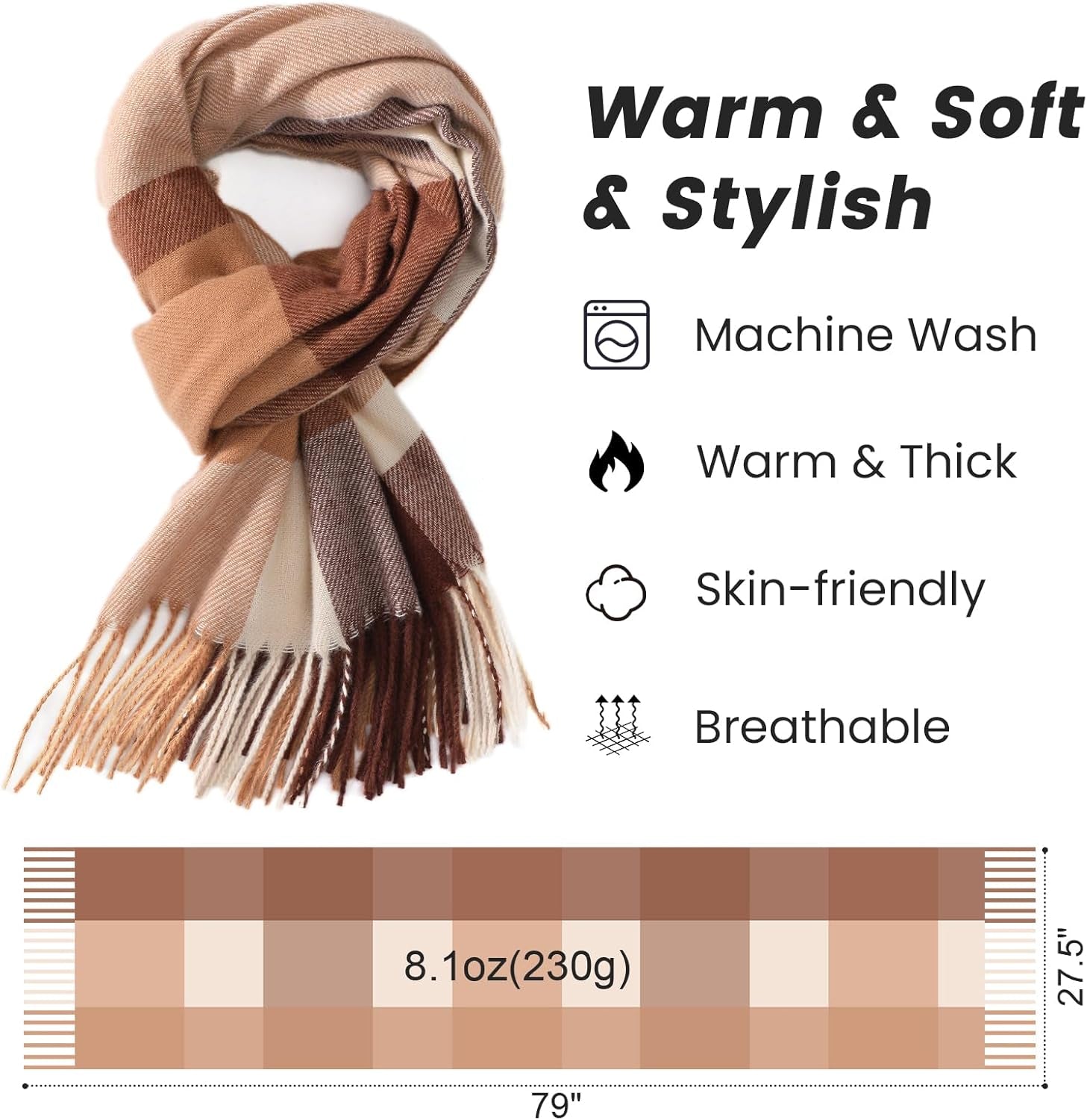 Pleneal Scarf for Women - Womens Winter/Fall Scarf,Long Plaid Shawls and Wraps, Cashmere Feel Blanket Pashmina Scarves
