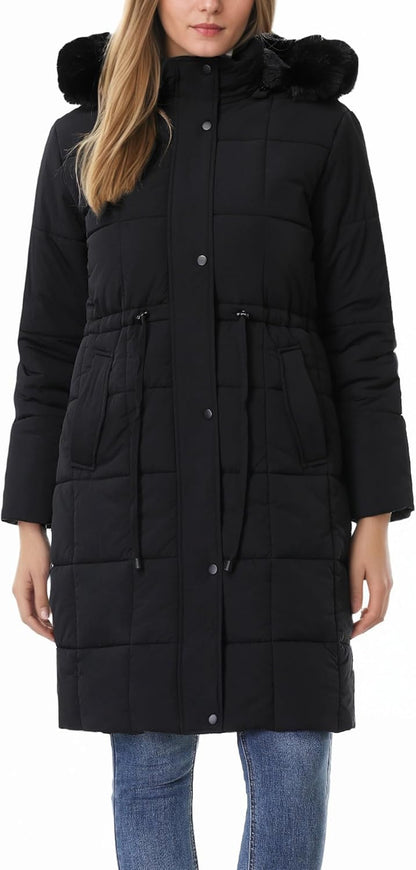 Back view of long parka jacket with reflective details