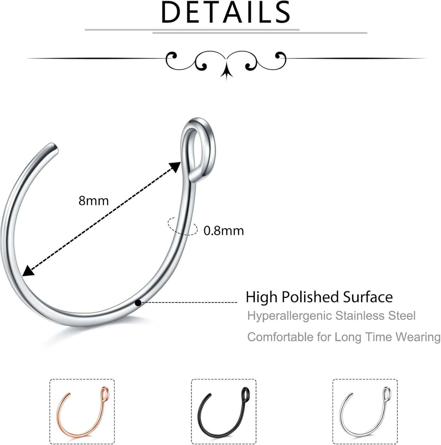 D.Bella 20G Fake Piercing Jewelry Hoop for Faux Lip Septum Nose Ring Set,8Mm