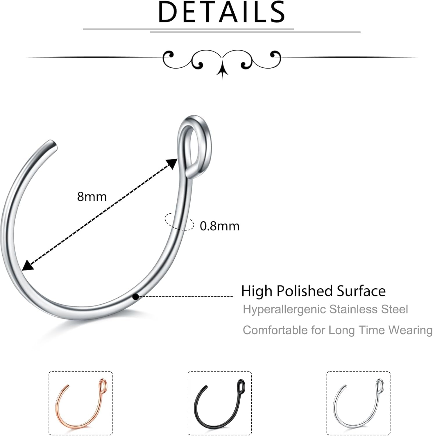 D.Bella 20G Fake Piercing Jewelry Hoop for Faux Lip Septum Nose Ring Set,8Mm