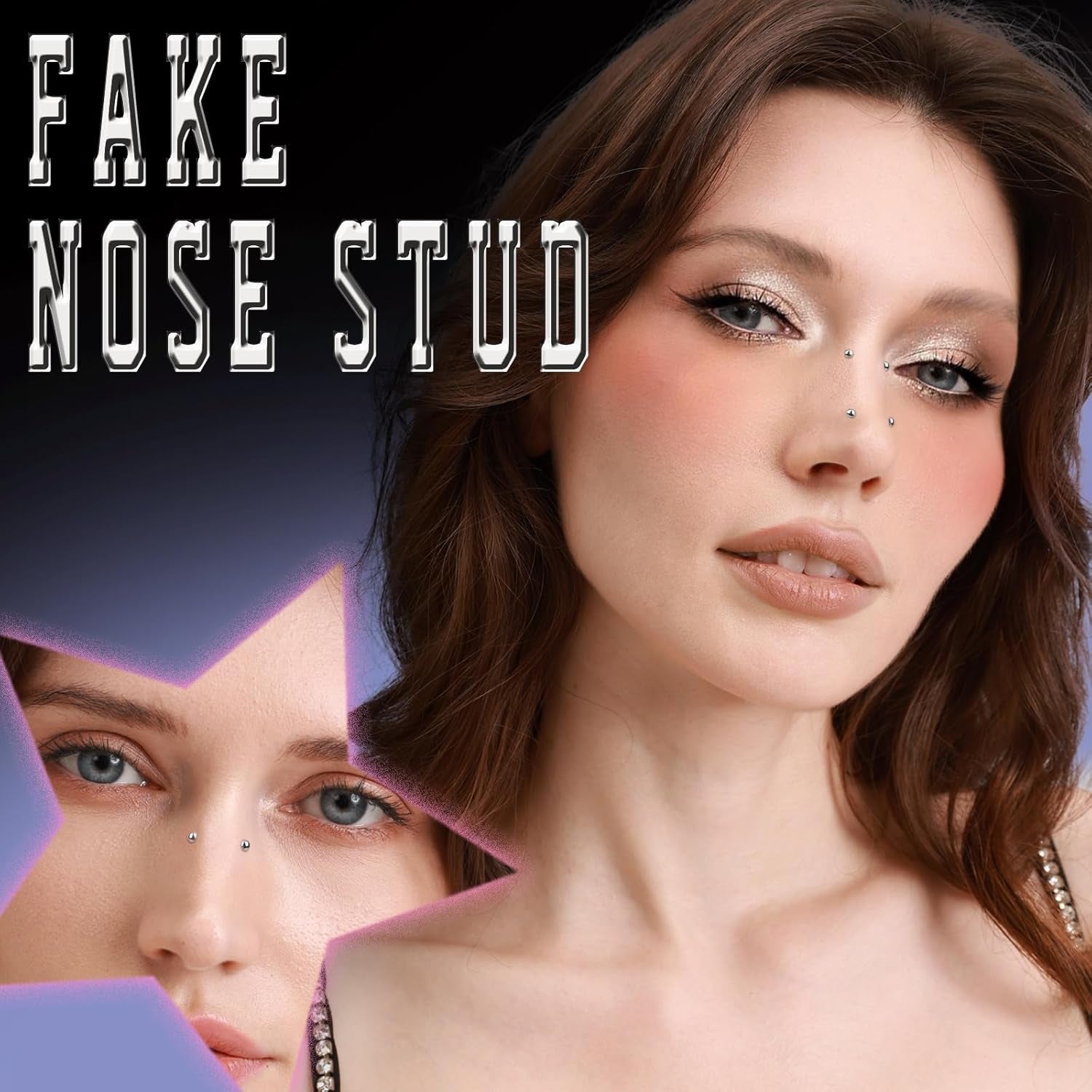 YGDZ Face Gems, Fake Piercings Nose Stud Silver, Fake Eyebrow Piercing, Stick on Face Stickers, Lip Stud, Rave Accessories, Y2K Makeup for Women Men