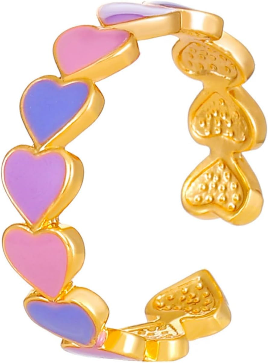 Colorful Enamel Heart Finger Ring Gold Silver Plated Sweet Pink Love Hearts Adjustable Open Promise Rings for Women Wedding Bridal Birthday Party Valentines Day Christmas Fashion Jewelry Gifts