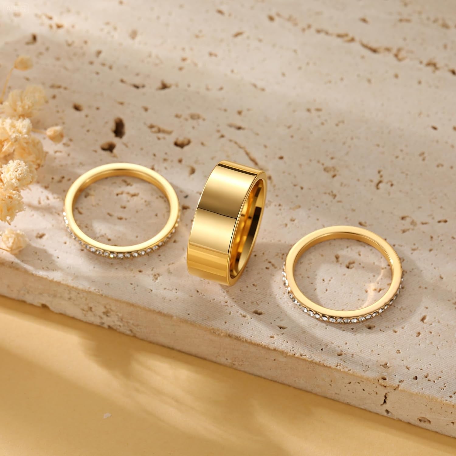 Gift box presentation of elegant gold plated stacking rings