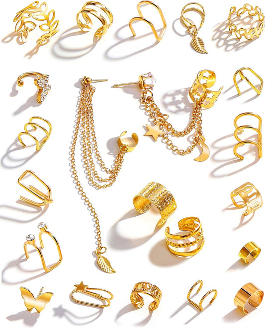 22Pcs Golden Ear Cuffs Earrings for Women Non Piercing Lightweight, Adjustable Hypoallergenic Fake Clip on Cartilage Butterfly Chain Twist Helix Leaf Wrap Earrings Set, Trendy Jewelry
