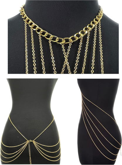 Harness Body Chain Sexy Layered Tassel Belly Waist Chain Necklace Boho Hot Bikini Nightclub Party Beach Body Jewelry for Women and Ladies Gold Tone