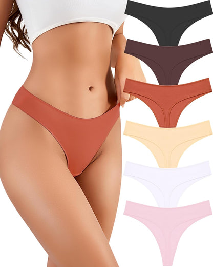 Six-pack cotton thongs for women in assorted neutral colors displayed together