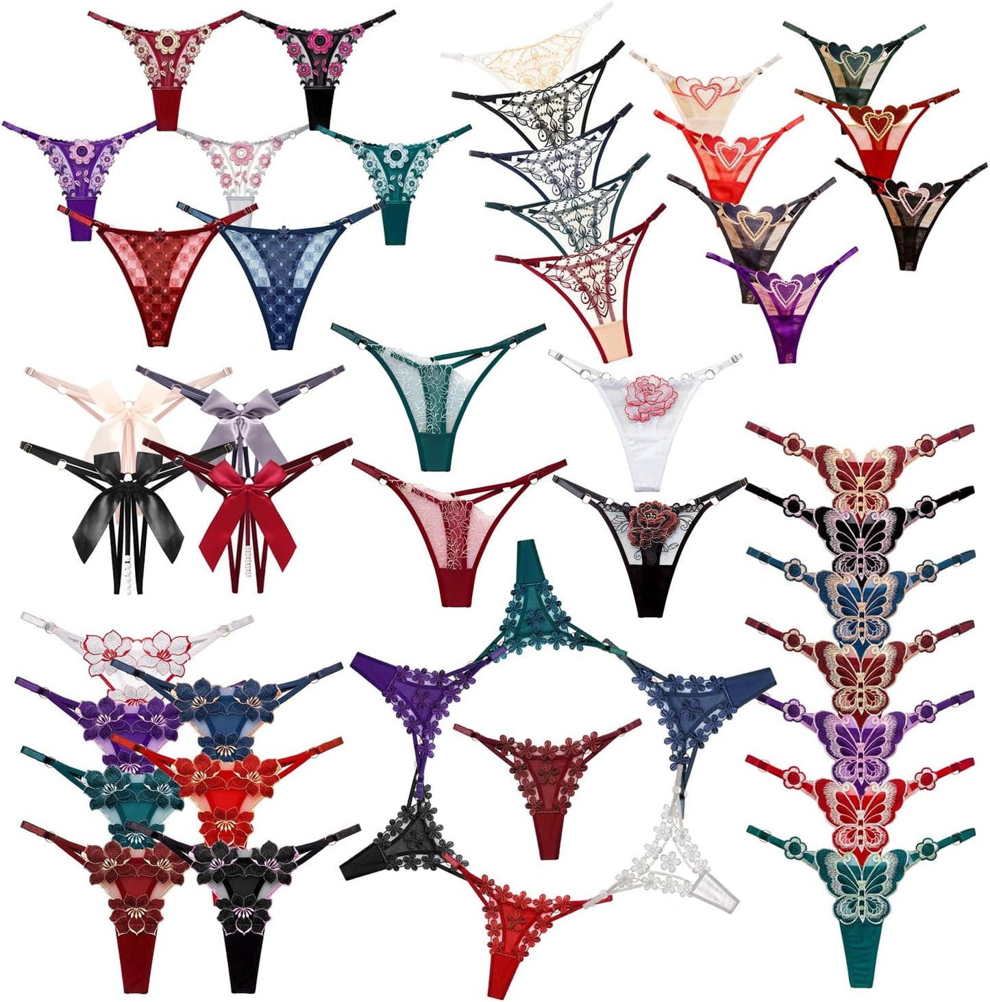 Assorted floral lace g-string thongs with bow-knot details front view