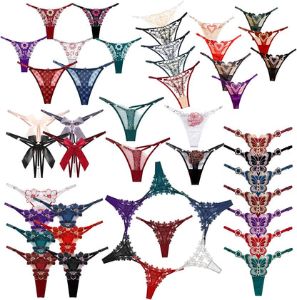 Assorted floral lace g-string thongs with bow-knot details front view