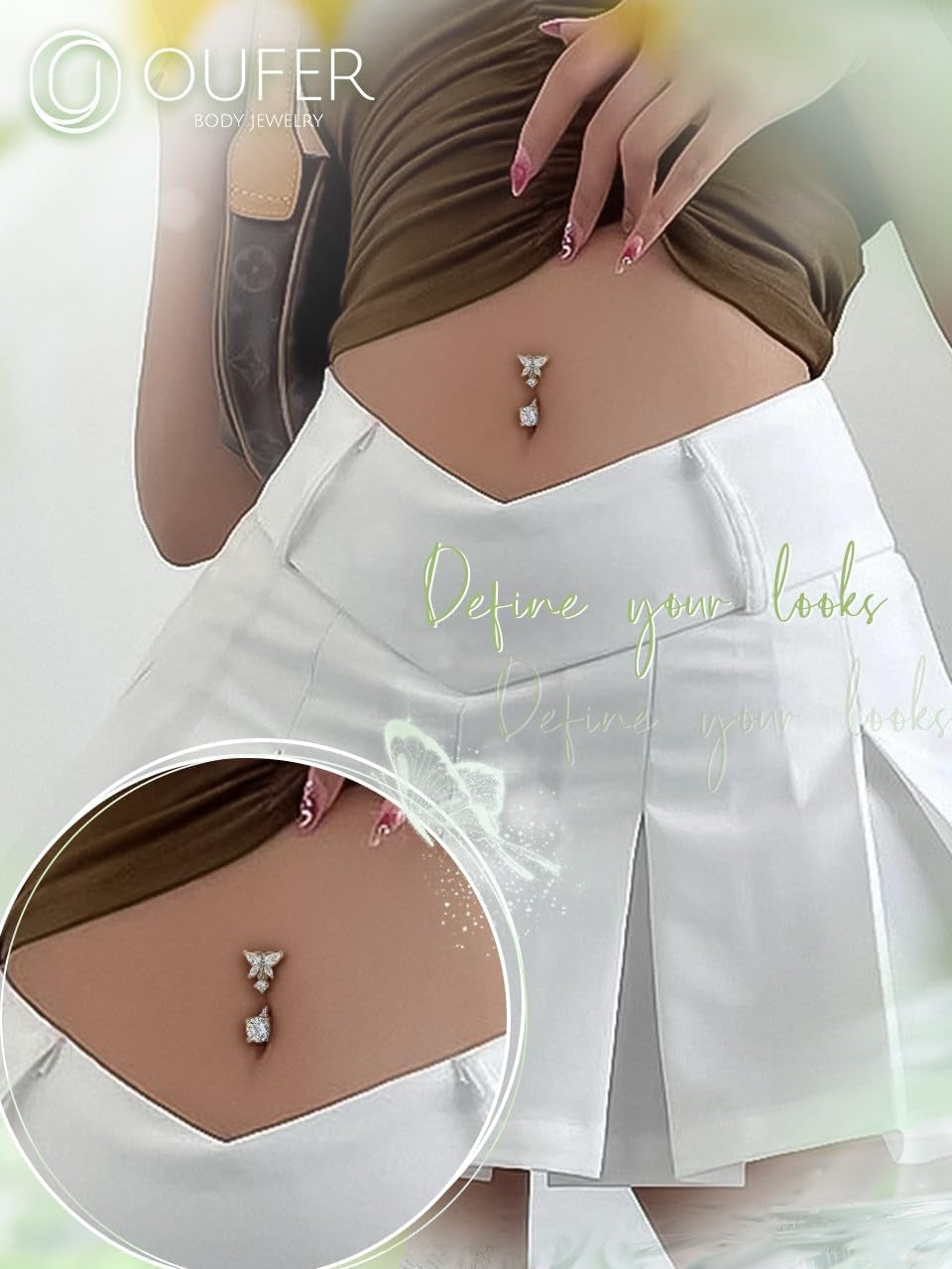 OUFER Belly Button Rings, Butterfly Belly Rings, 316L Surgical Steel Navel Rings, Clear CZ Belly Piercing Jewelry, Dangle Belly Rings for Women Men