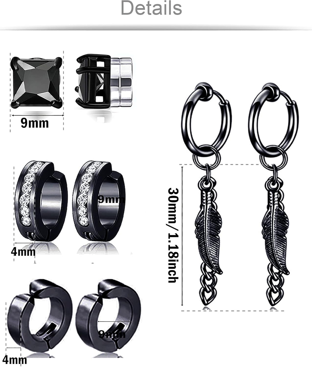 12 Pairs Magnetic Stud Earrings Stainless Steel CZ Hoop Punk Feather Dangle Hinged Non-Piercing Earrings Clip on Magnet Earring Set for Women Men Silver Plated