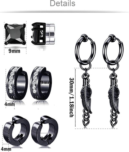 12 Pairs Magnetic Stud Earrings Stainless Steel CZ Hoop Punk Feather Dangle Hinged Non-Piercing Earrings Clip on Magnet Earring Set for Women Men Silver Plated