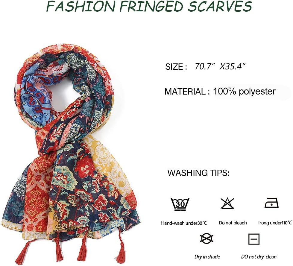 Yeieeo Boho Scarf for Women Lightweight Floral Printed Scarf Fall Winter Fashion Fringed Shawl