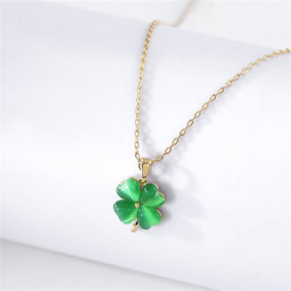 Dtja Cute Clover Flower Pendant Necklace for Women Girls Gold Plated Cats Eye Shamrock Leaf Charms Link Chain Necklace Adjustable Delicate Lucky St.Patrick'S Day Birthday Wedding Jewelry Gift 18 Inch