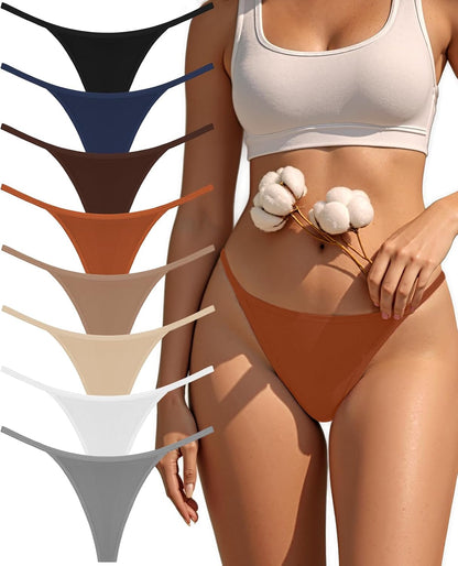 Women's 8-pack cotton thongs folded and organized by color