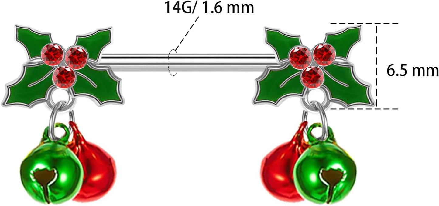 14G Christmas Nipple Barbell Jingling Bell Ring 316L Surgical Stainless Steel Women'S Nipple Rings for Christmas Body Piercing Jewelry