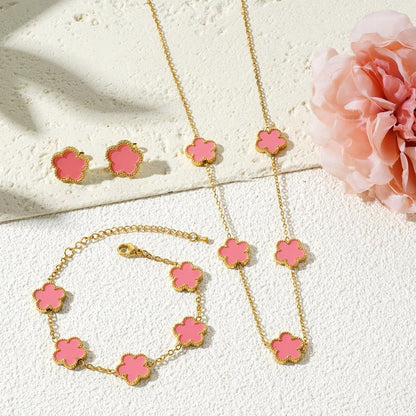 Lucky Clover Neckalce Earring Bracelet Set for Women Gold Plated Stainless Steel Chain Necklace with Flower Design Five Leaf Clover Earring Trendy Jewelry Set Gift