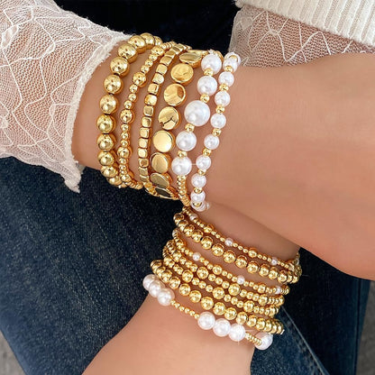 KISS WIFE Gold Bracelets for Women Gold Bracelet Stack Pearl Beaded Bracelets for Women Strand Bead Ball Stretchable Elastic Bracelet Set Adjustable Fashion Accessories Jewelry for Gifts