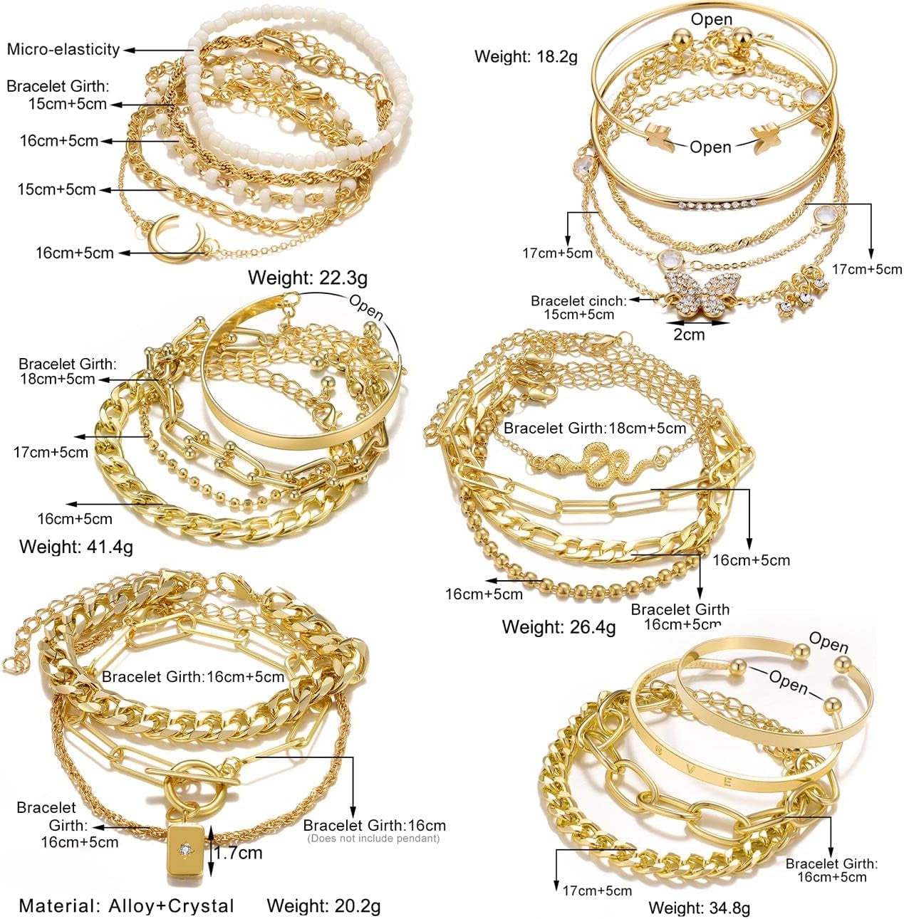 17IF 24-25 Pcs (6 Pack) 14K Gold Ankle Bracelets Set for Women Boho Stackable Bangles Cuff Charm Chunky Wrist Jewelry