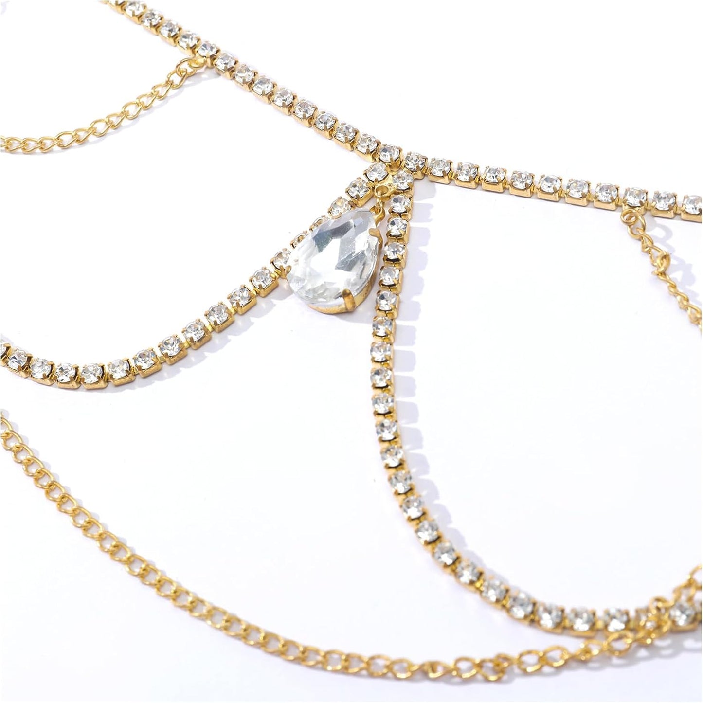 Multilayer Waterdrop Pendant Rhinestone Shoulder Chain Jewelry Bridal Wedding Backdrop Chain Crystal Tassel Shoulder Chain Necklace Rave Shoulder Arm Body Chain Jewelry for Women (Gold)
