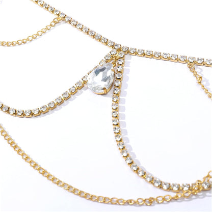 Multilayer Waterdrop Pendant Rhinestone Shoulder Chain Jewelry Bridal Wedding Backdrop Chain Crystal Tassel Shoulder Chain Necklace Rave Shoulder Arm Body Chain Jewelry for Women (Gold)