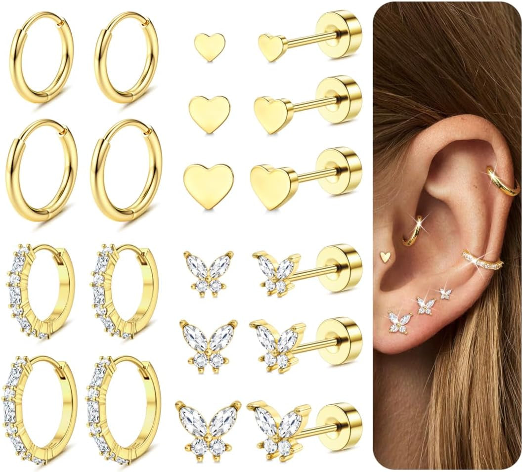 Jerywe Surgical Steel Flat Back Earrings Hypoallergenic 14K Gold Plated Cartilage Earrings for Women Trendy Small Hoop Stud Earring Stacks Flatback Stud Earring Set Helix Conch Tragus Piercing Jewelry