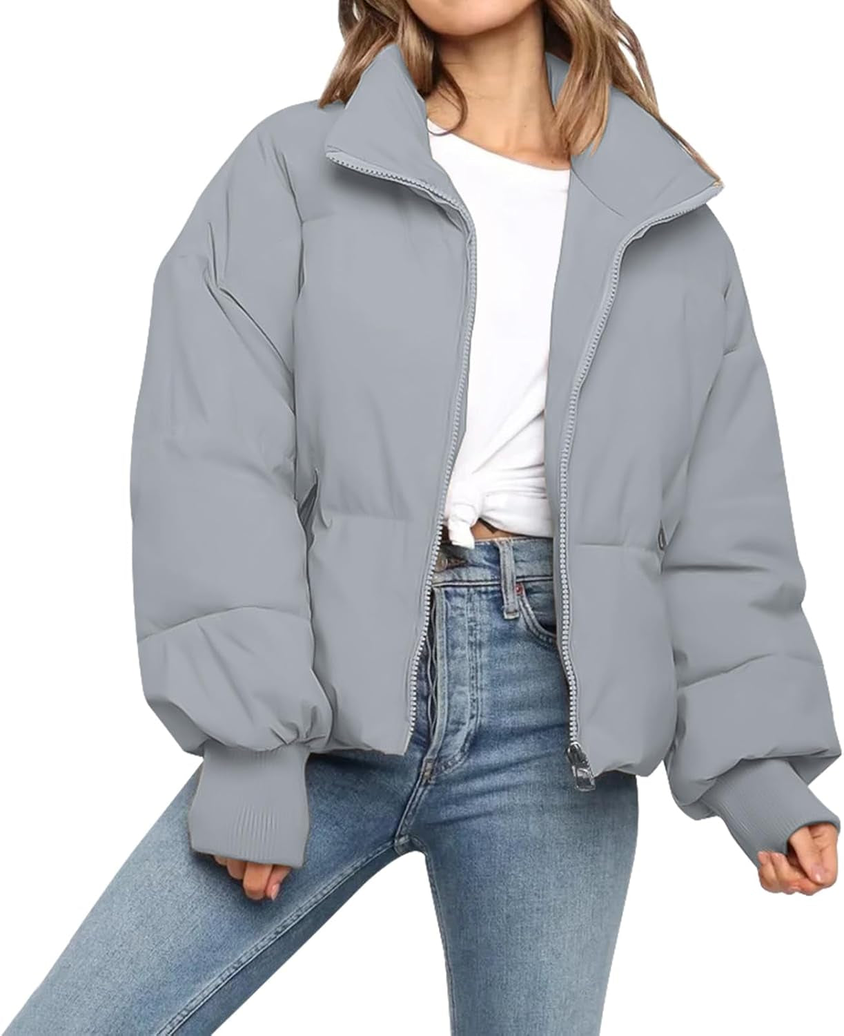 Zipped and unzipped views of puffer jacket