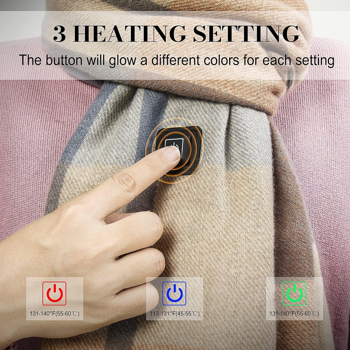 EN'DA Professional Heated Scarf for Women Rechargeable with Battery, 3 Levels Temperatures Control Winter Electric Scarf Khaki Plaid Design for Cold Weather