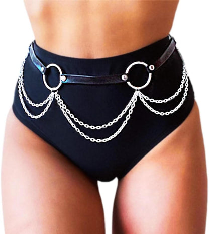 REETAN Rave Waist Chain Belt Punk Black Leather Body Accessories for Women