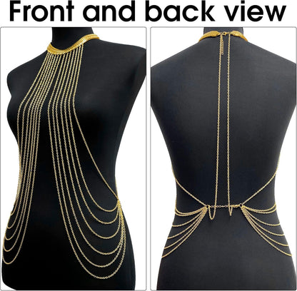 Yomiie Body Chain Layered Gold Tassels Necklace Fashion Jewelry Belly Waist Bra Boho Hot Bikini Beach Harness Anniversary Festival Gift for Women Lady