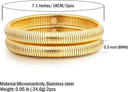 Gold Bangle Multi-Layer Bracelets for Women Stretchy Stainless Steel Link Chain Flexible Wide Wristband Bracelets