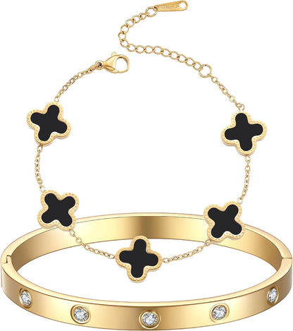 18K Gold Plated Clover Bracelet Love Bangle Set for Women Stackable Cute Fashion Simple Friendship Bracelets Lucky Bracelet Jewelry Trendy Gifts for Women