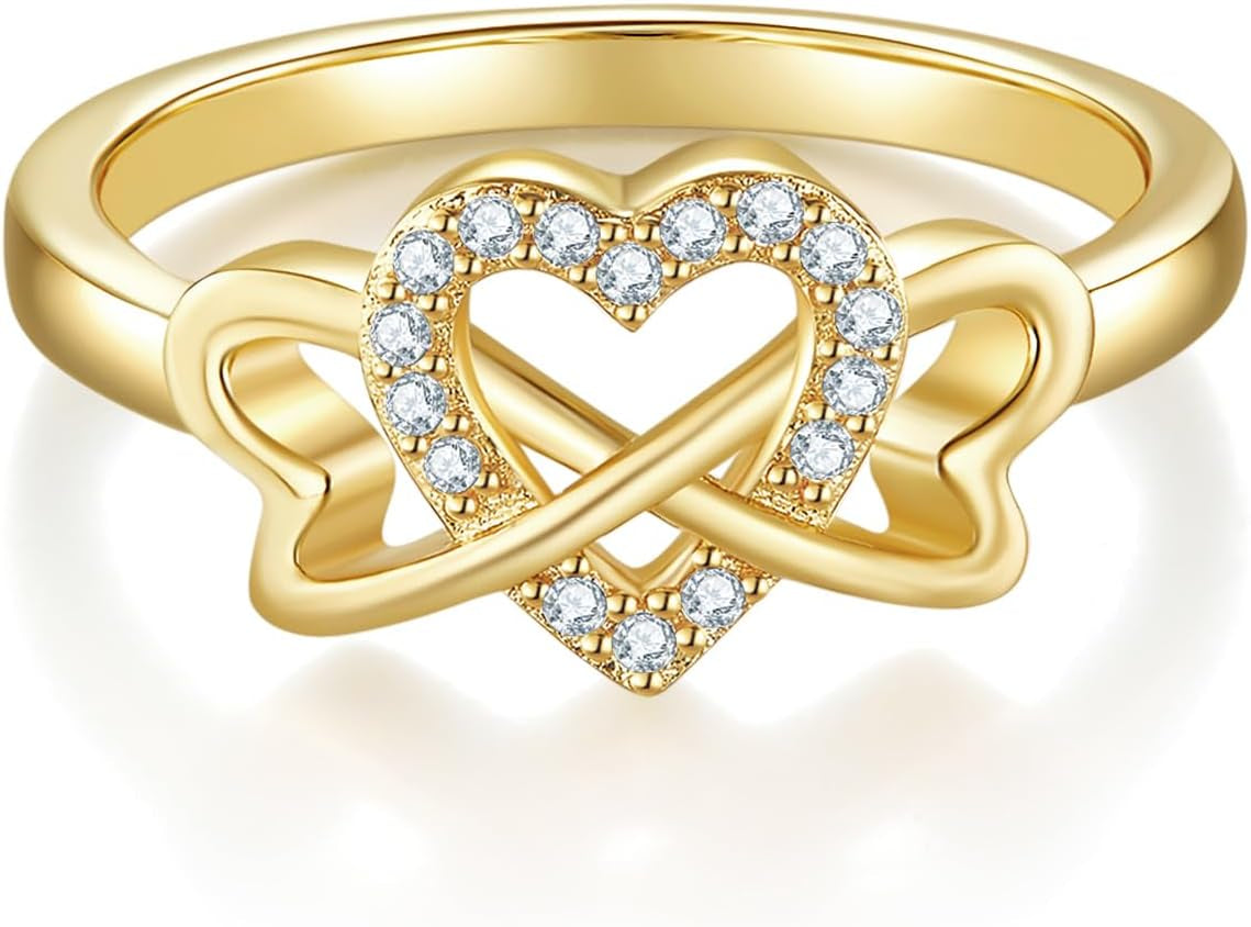 MINDDHA 14K Gold Plated Cubic Zirconia Rings- Love Heart Infinity Eternity Band for Women- Wedding Rings- 2Mm Band Size 4-12