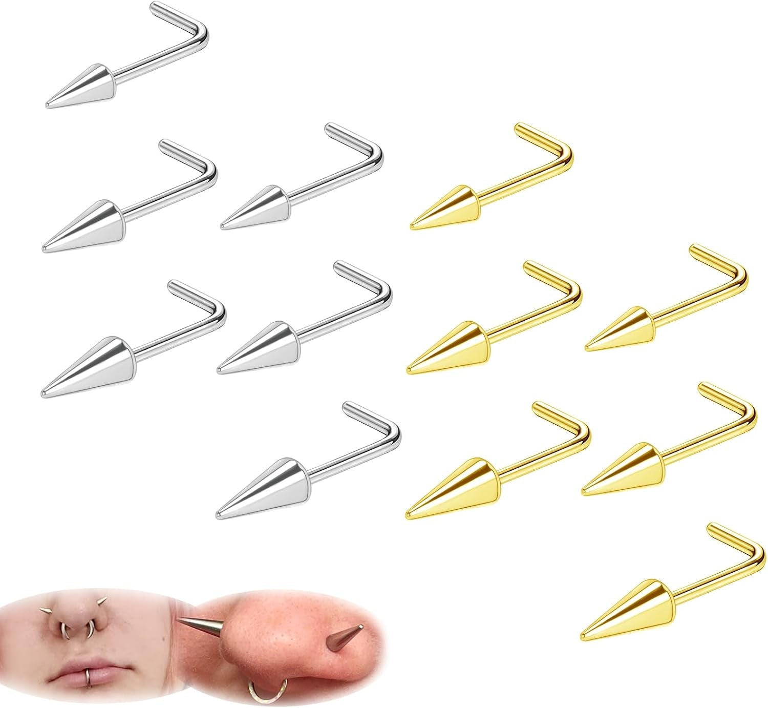 ZS 20G Spike Nose Rings Studs, 18G Stainless Steel Spike Stud Earrings, 16G Septum Lip Rings Cartilage Tragus Helix Piercing for Women Men