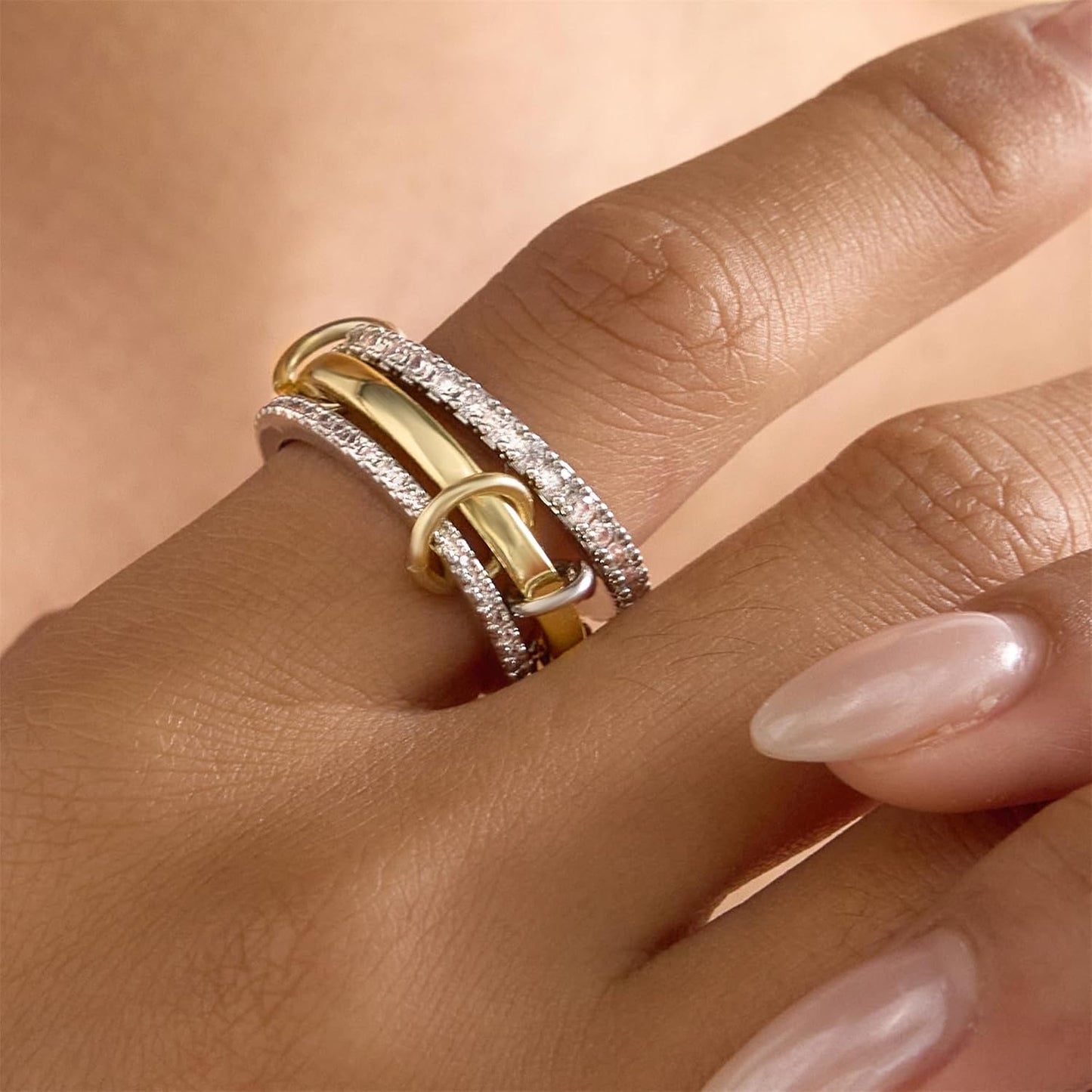 18K Gold Plated Stackable Rings for Women Non Tarnish, 3 Rings Interlocking Ring Stack Set with Cubic Zirconia, Dainty Statement Connected Mixed Metal Ring Band for Women
