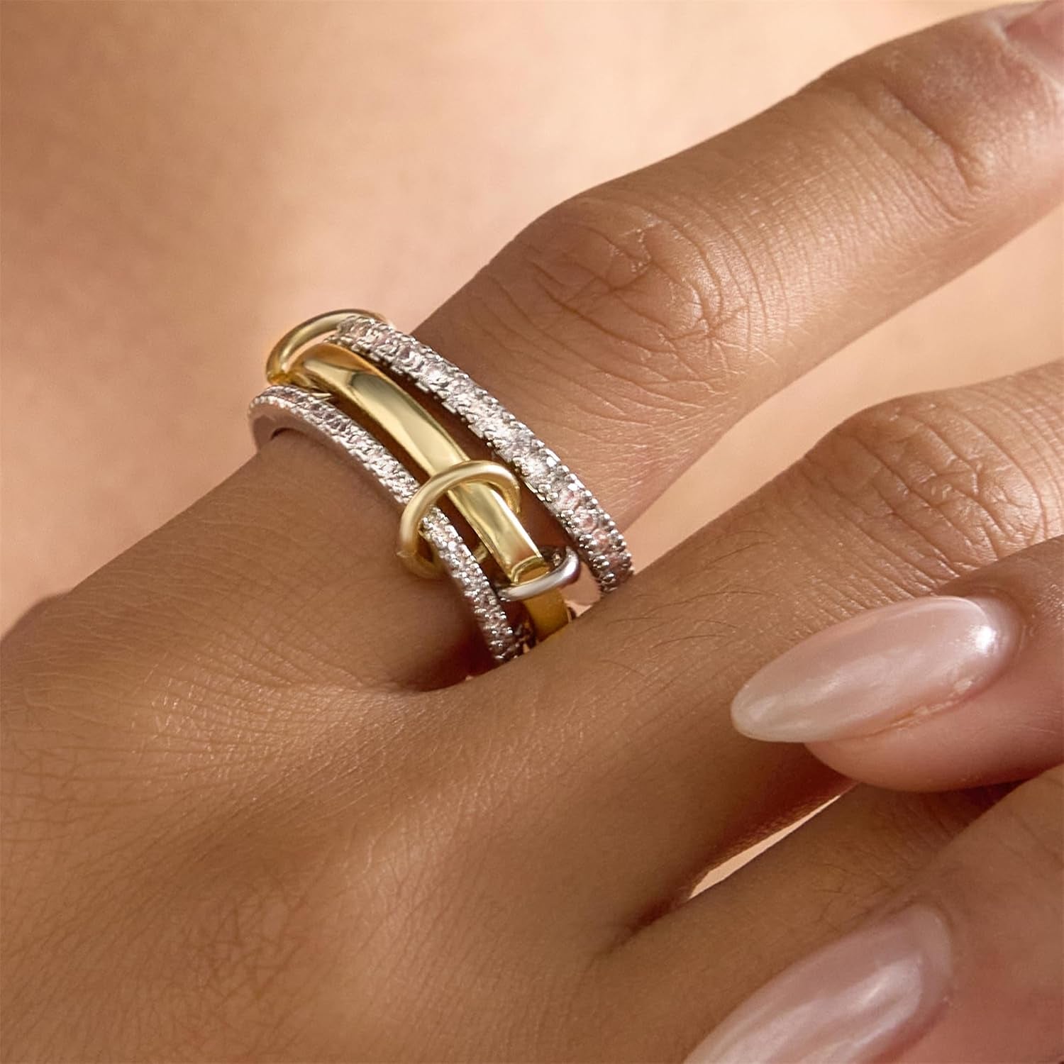 18K Gold Plated Stackable Rings for Women Non Tarnish, 3 Rings Interlocking Ring Stack Set with Cubic Zirconia, Dainty Statement Connected Mixed Metal Ring Band for Women