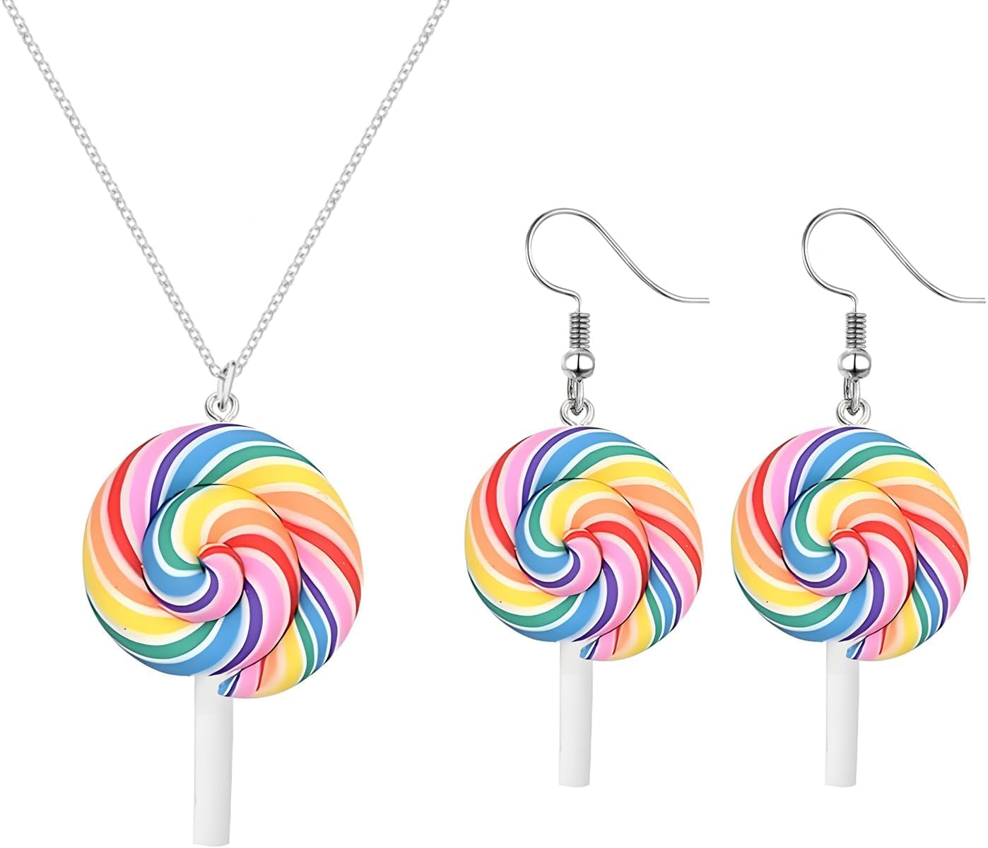 Christmas Lollipop Necklace Earrings Set for Women Creative Simulation Food Lollipop Dangle Earrings Cute Lightweight Colorful Rainbow Lollipop Necklace Charm Xmas Party Accessories Jewelry
