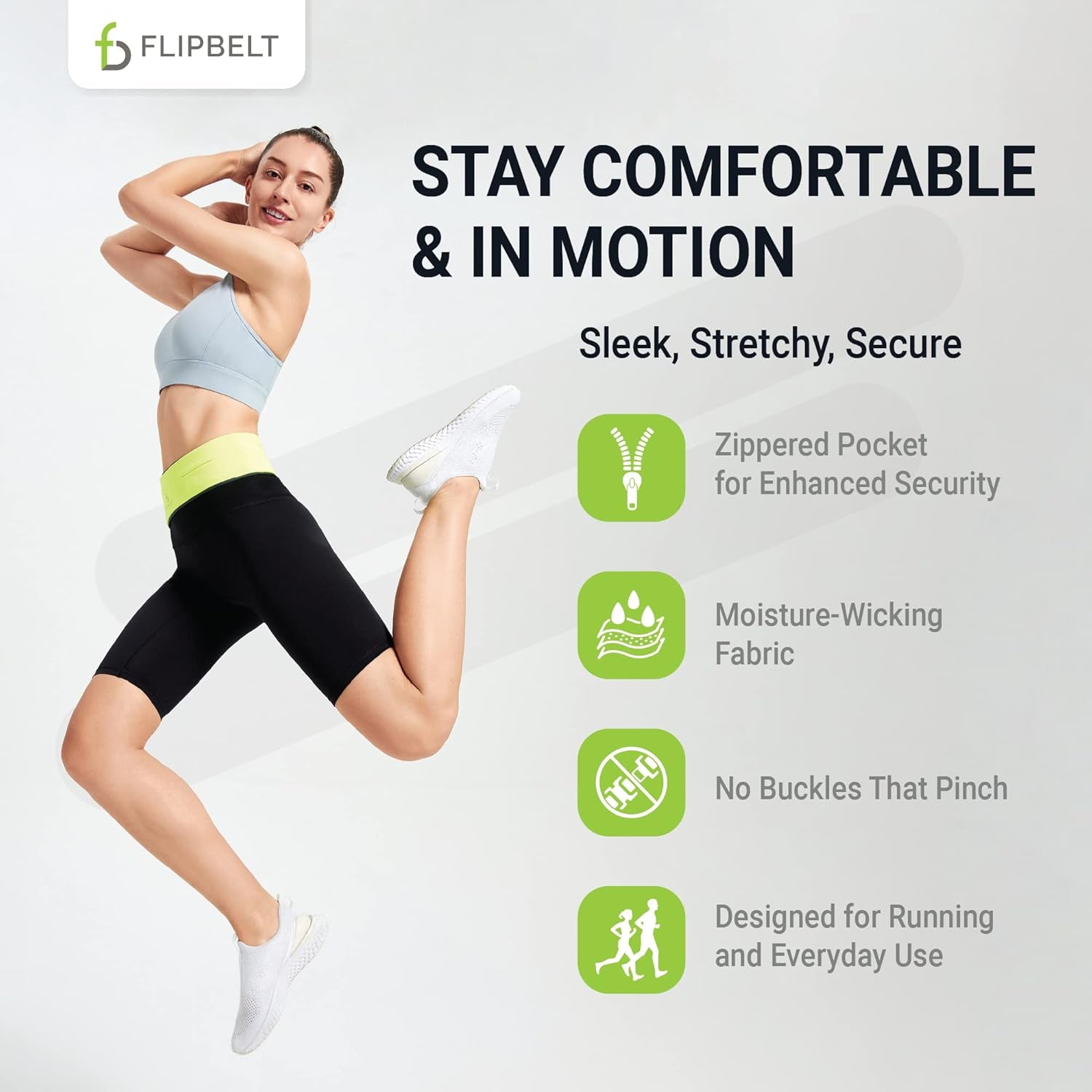 Adjustable running belt displaying secure zipper pocket design