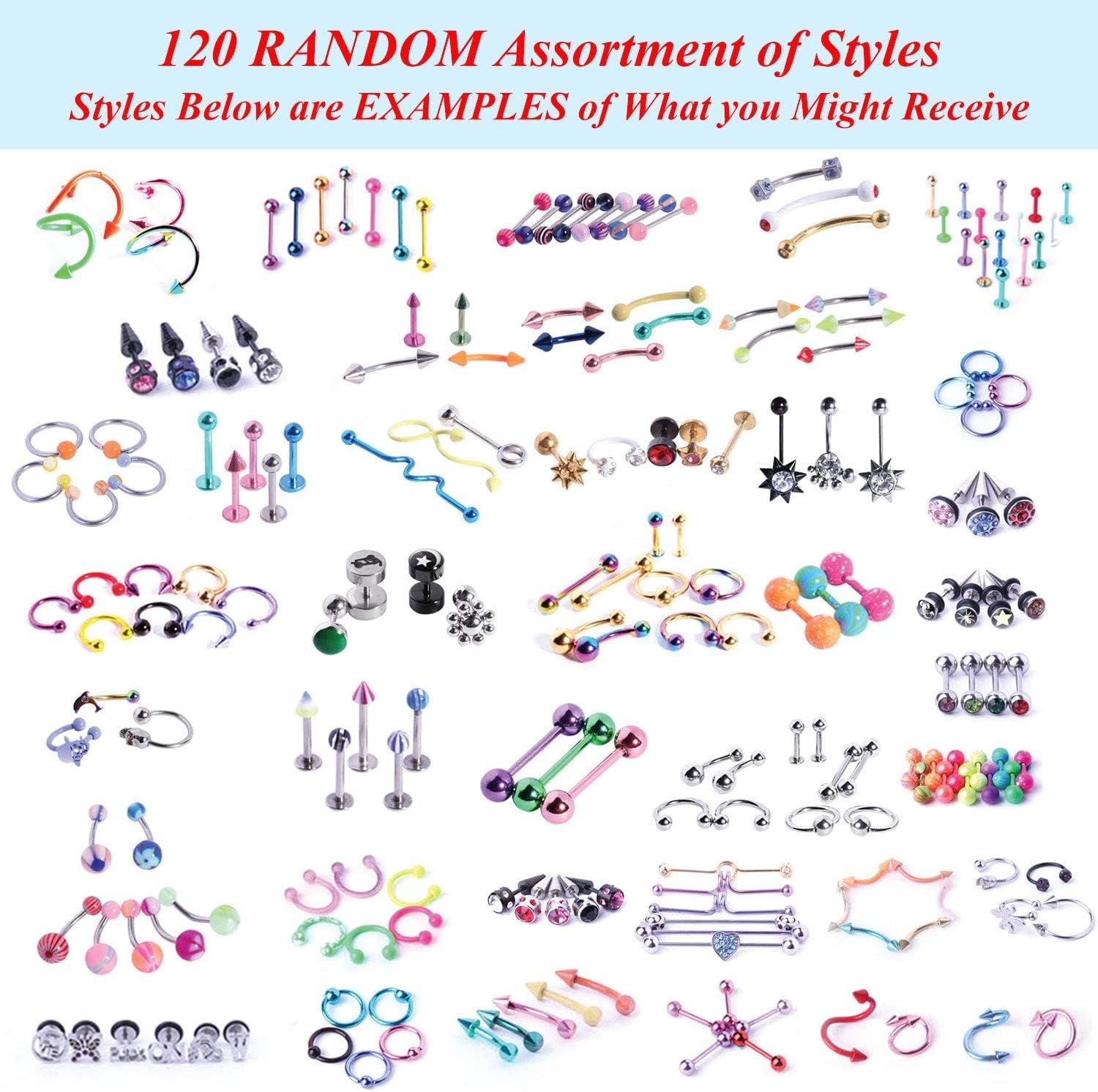 Bodyj4You 156PC Body Piercing Kit - 14G 16G 18G 20G - Belly Ring Nose Septum Tragus Ear Cartilage Industrial - Horseshoe Ring Hoop Barbell Stud Spike - Random Mix Jewelry