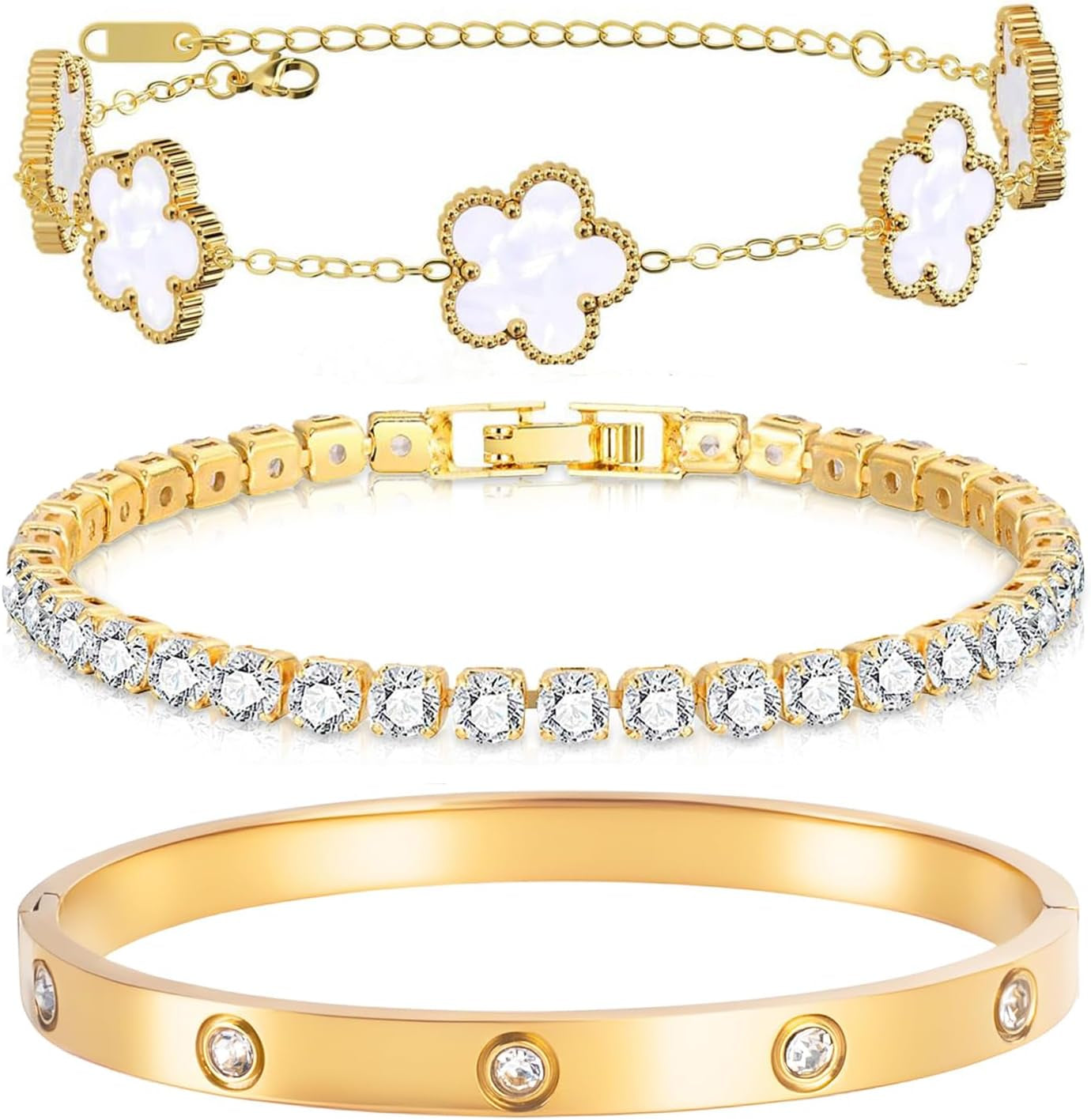 Gold Bracelets for Women-4Pcs/3Pcs,18K Gold Plated Bangle Tennis Bracelets Stack Set for Women Trendy Non Tarnish Stainless Steel Gold Bangles Accessories Designer Jewelry