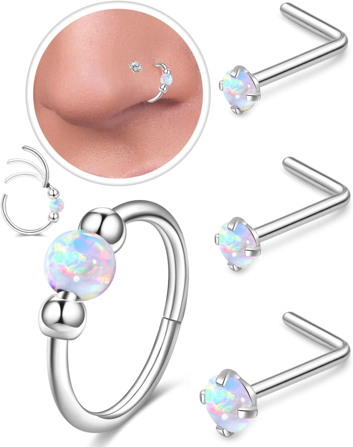 Opal Nose Ring Studs Horseshoe Nose Rings Hoops Stud 316L Stainless Steel Nose Rings round CZ Square Screw L Shaped Nose Stud Hypoallergenic Nostril Piercing Jewelry for Women Men