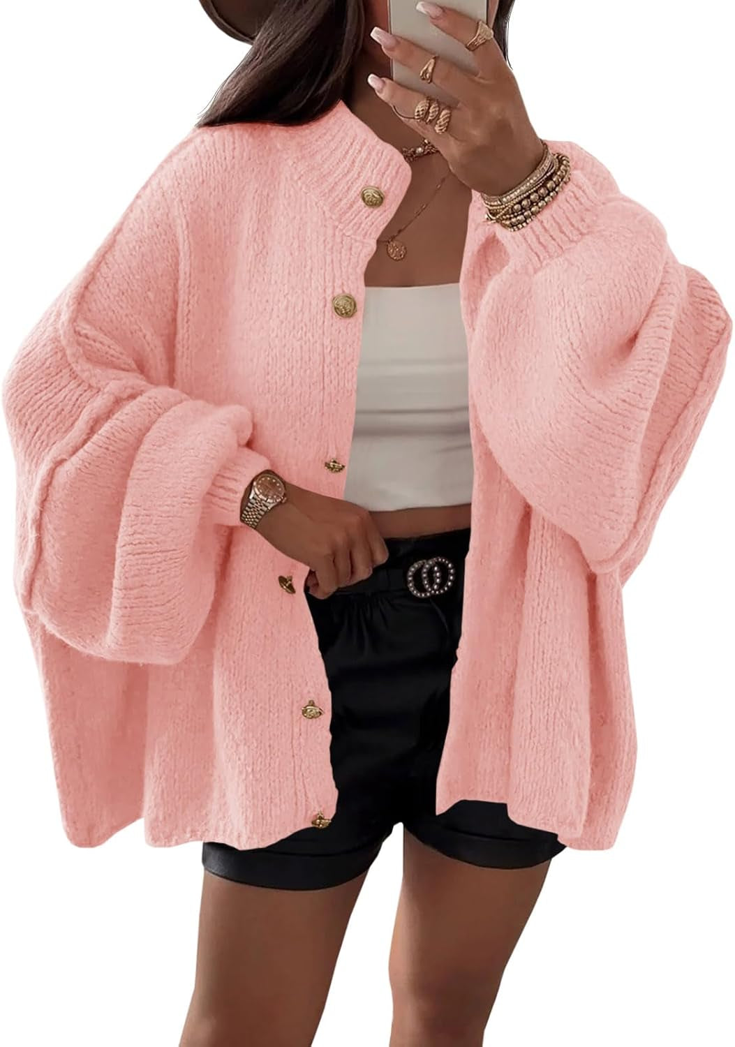 Saodimallsu Womens Oversized Cardigans Long Lantern Sleeve Button down Chunky Knit Loose Fall Sweater Coats