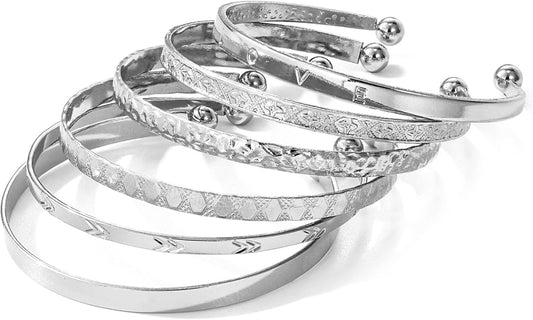 17IF Silver Bangle Bracelet for Women 14K Plated Multi Layer Cuff Bracelets Set Trendy Boho Textured Indian Punk Chunky Cable Smooth Bangles Elegance Stack Minimalist Jewelry Gift