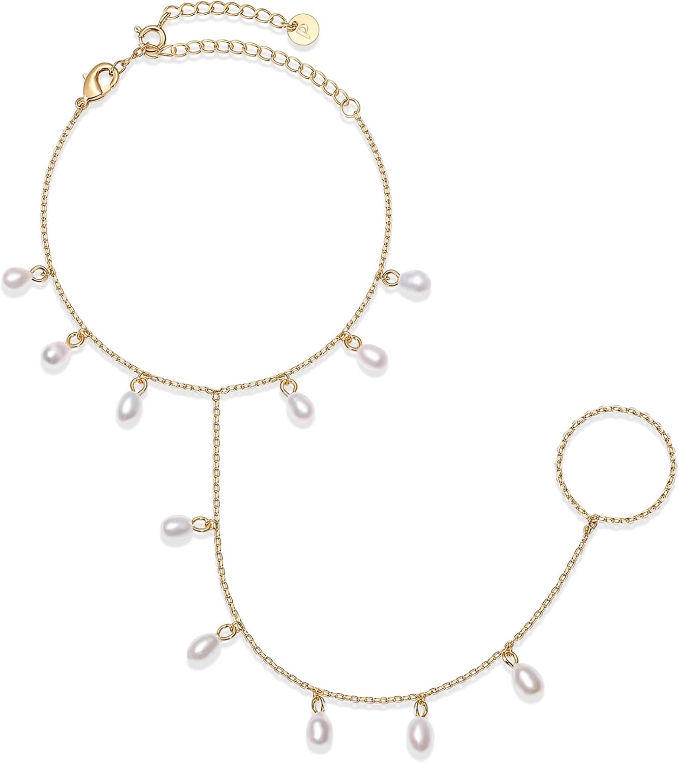 PAVOI 14K Gold Plated Hand Chains for Women - Adjustable Hand Chain Bracelet and Ring - Trendy Gold Handchain Bracelet Stack Summer Jewelry - Beads, Pearl, and Cubic Zirconia Body Jewelry