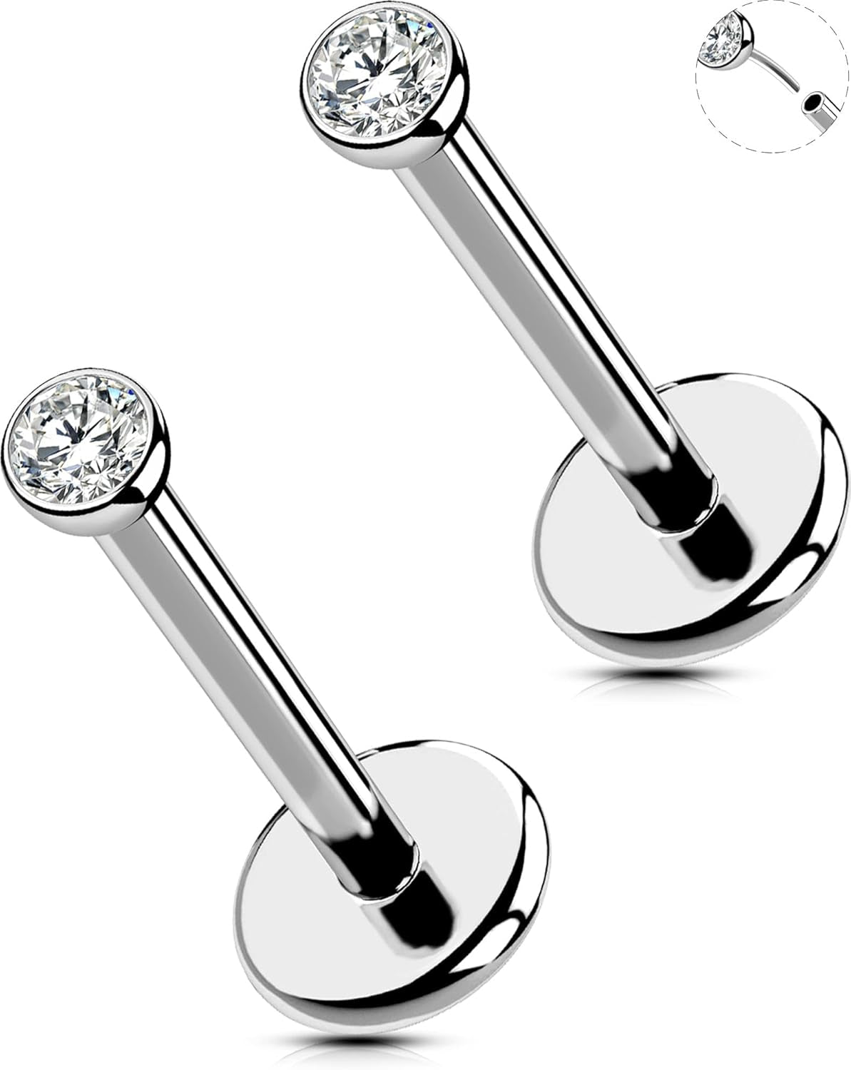 OUFER 2Pcs 20G/18G/16G G23 Titanium Threadless Nose Stud Earrings Flat Back Tiny CZ Small Nose Helix Cartilage Tragus Conch Labret Medusa Monroe Piercing Jewelry for Women Men