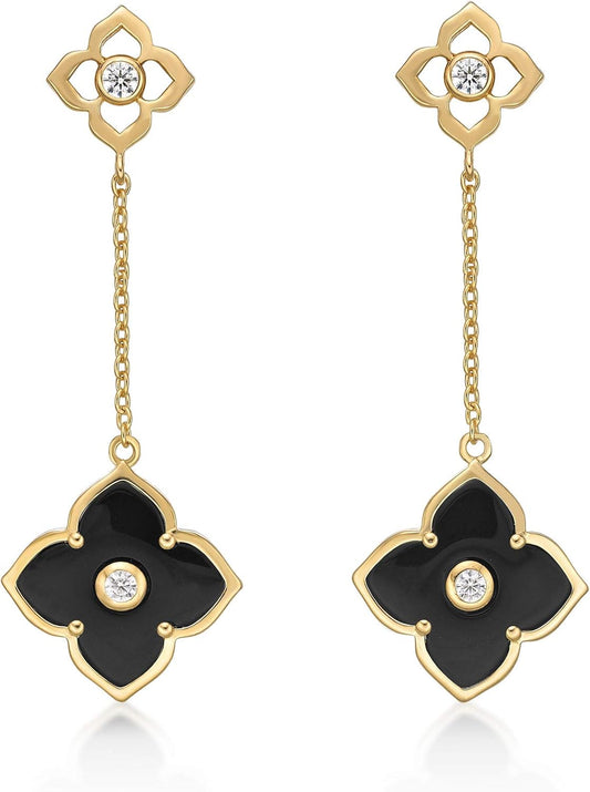 Black Onyx Flower Dangle Drop Earrings for Women in 925 Sterling Silver with Yellow Gold Plating Friction Back by Lavari Jewelers